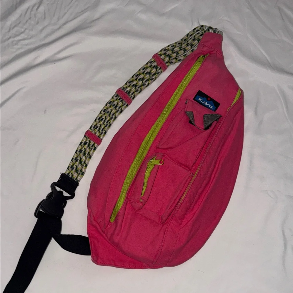KAVU Rope Sling Backpack Bag in Pink and Green